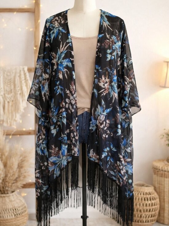 Soul Young Sweaters - Soul Young Black Floral Sheer Kimono Duster Beach Cover-Up XL Boho Cottagecore
